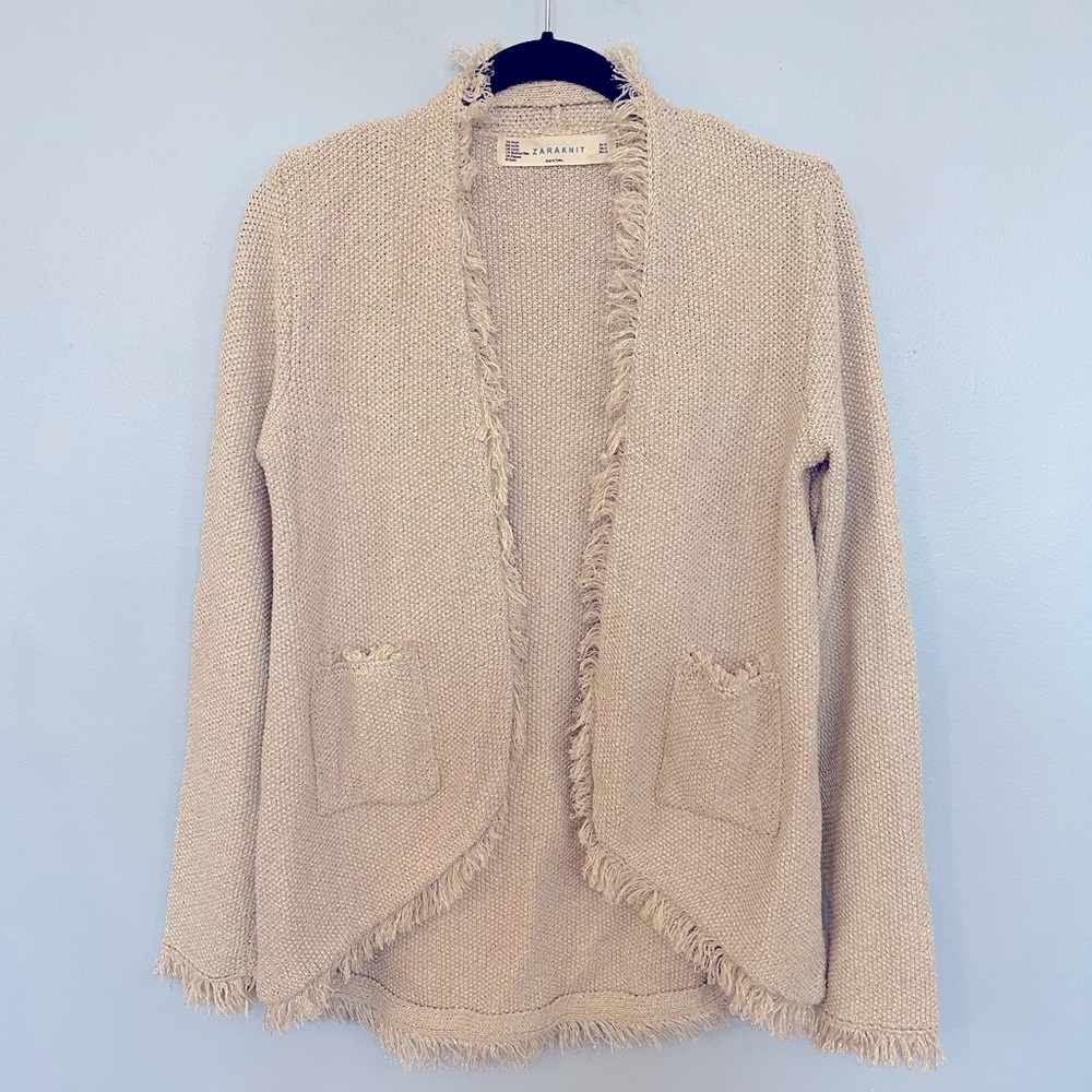 ZARA Knit Metallic Fringe Edge Open Cardigan